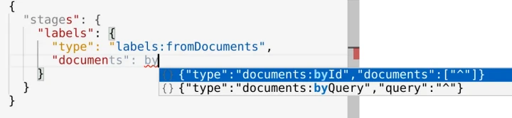 JSON request editor filtered stage-level autocomplete (light theme).