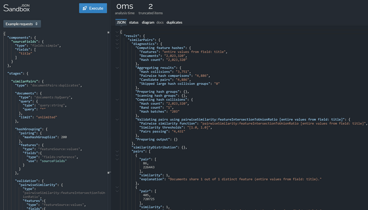 Lingo4G JSON sandbox app, arxiv documents with exactly the same titles (dark theme).