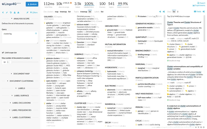 List of topics Lingo4G collected from documents matching the 'clustering' query.
