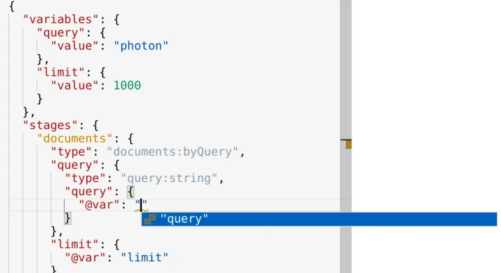 JSON request editor variable name suggestions (light theme).
