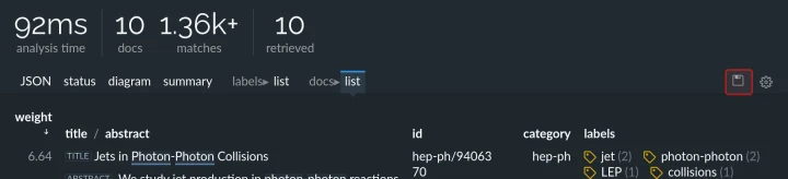 Excel export of a document list (dark theme).
