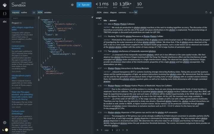 Lingo4G JSON sandbox app, document content (dark theme).