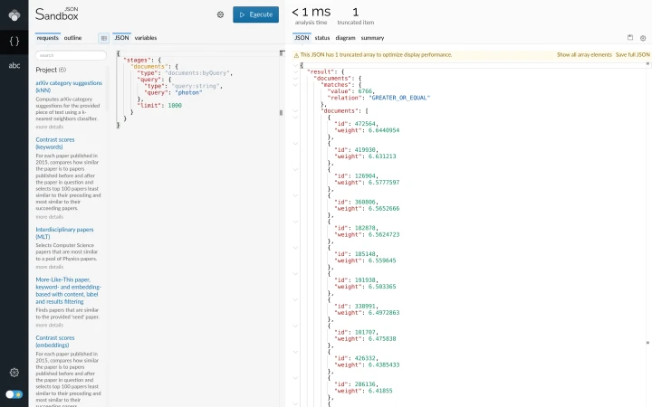Lingo4G JSON sandbox app, documents by query request results (light theme).