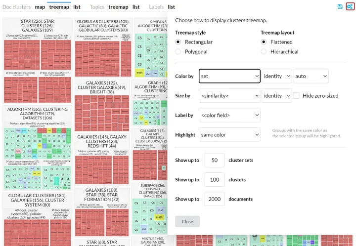 Settings of the document clusters treemap view.