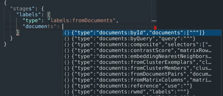 JSON request editor stage-level autocomplete (light theme).