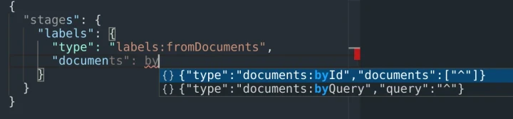 JSON request editor filtered stage-level autocomplete (light theme).