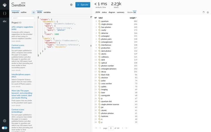 Lingo4G JSON sandbox app, labels from documents (light theme).