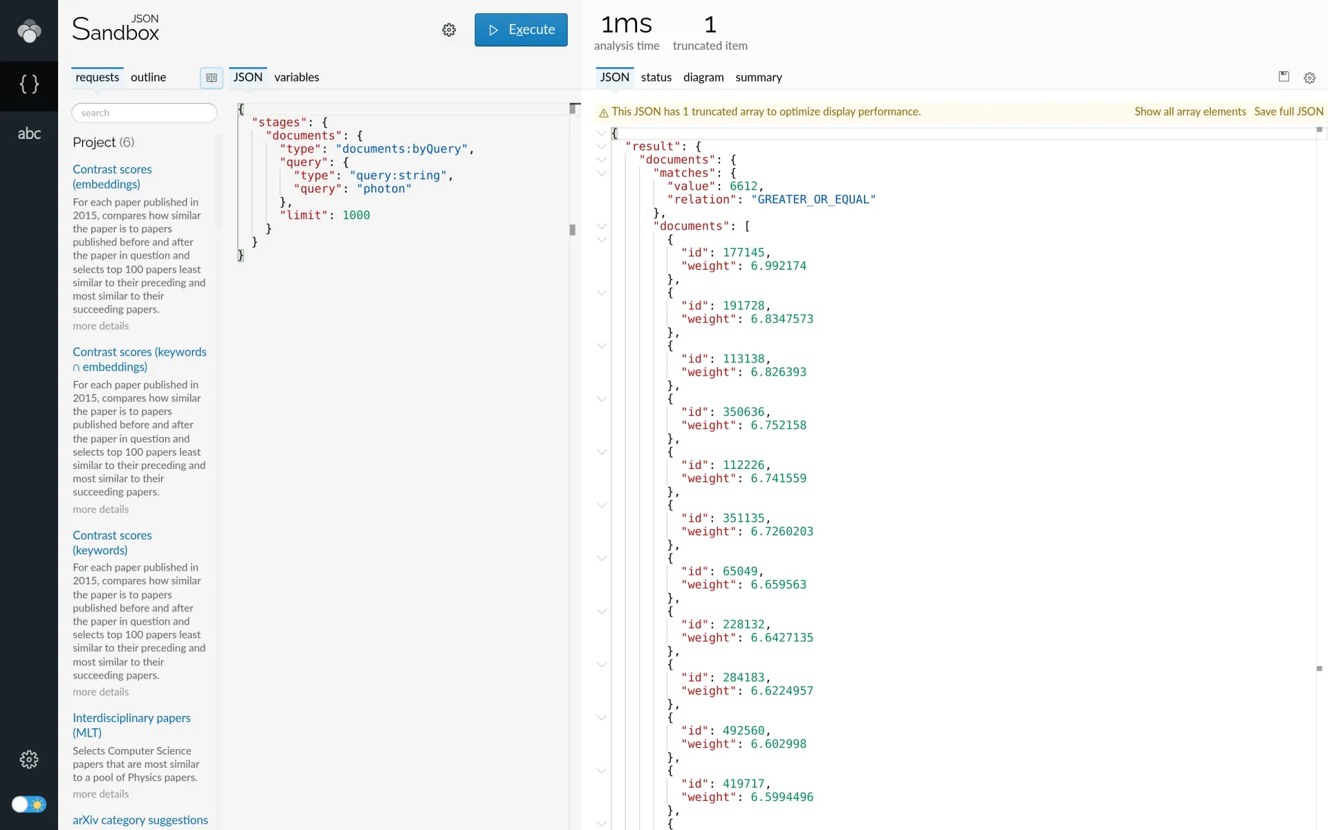 Lingo4G JSON sandbox app, documents by query request results (light theme).