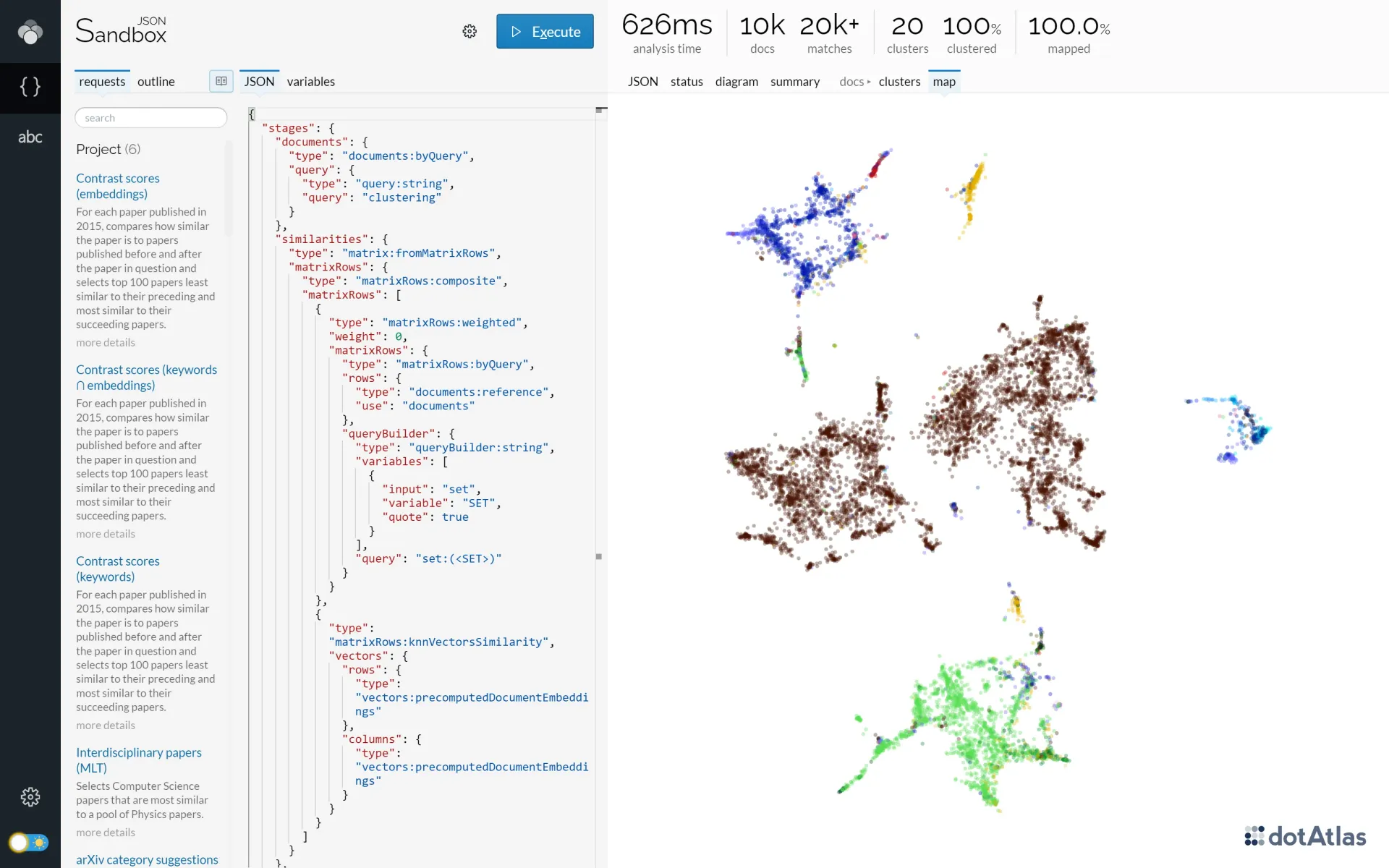 Lingo4G JSON sandbox app, 2d map of documents based on embedding similarity (light theme).