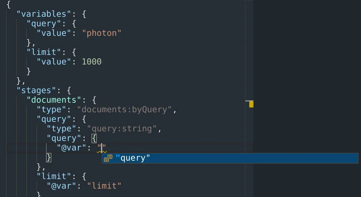 JSON request editor variable name suggestions (light theme).