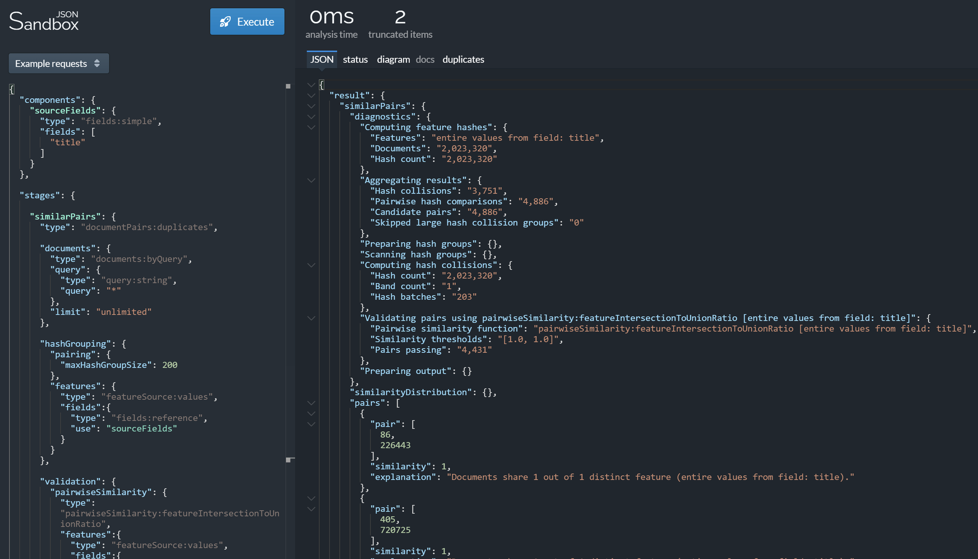 Lingo4G JSON sandbox app, arxiv documents with exactly the same titles (dark theme).