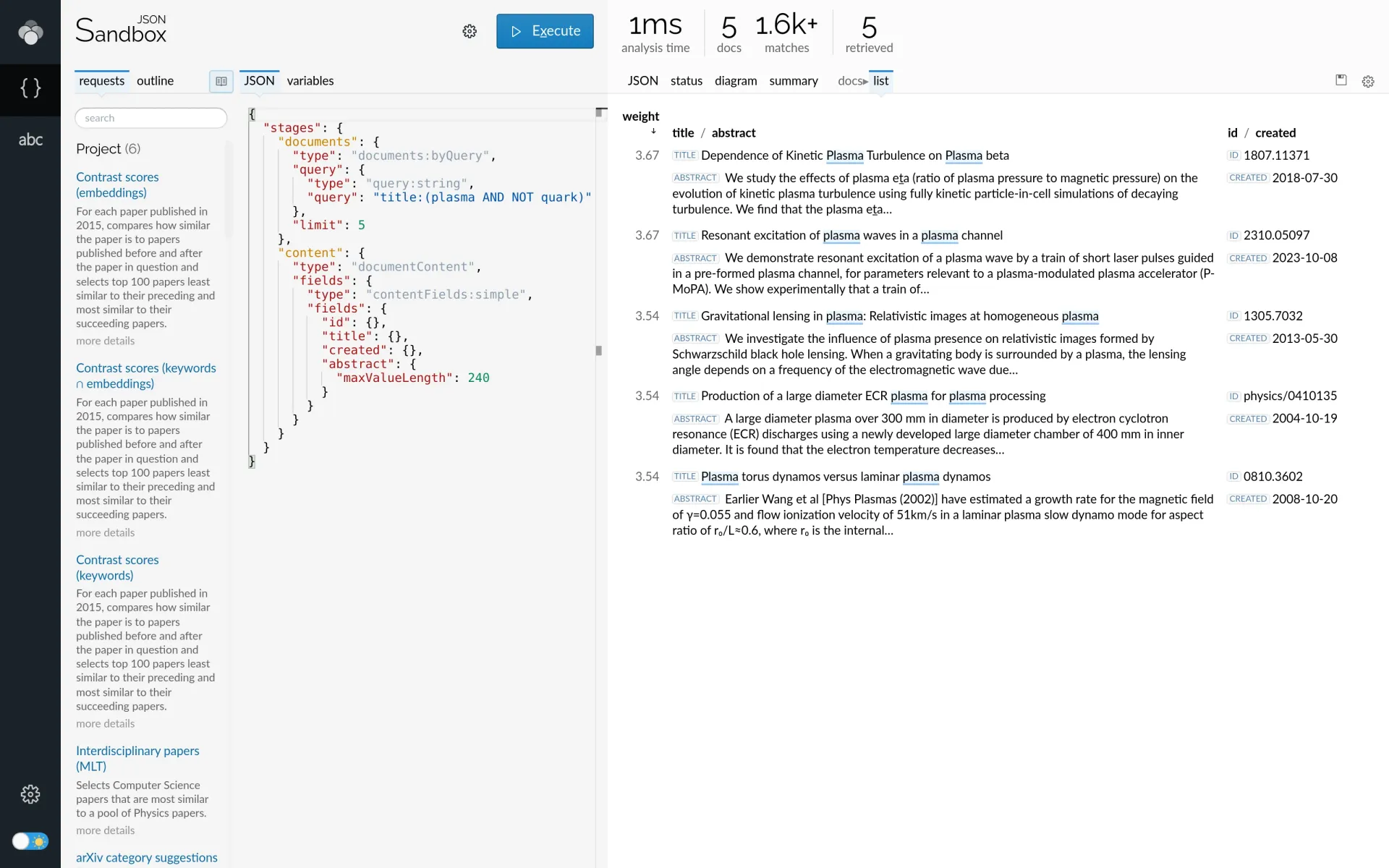 Document list after a keyword query search (light theme).