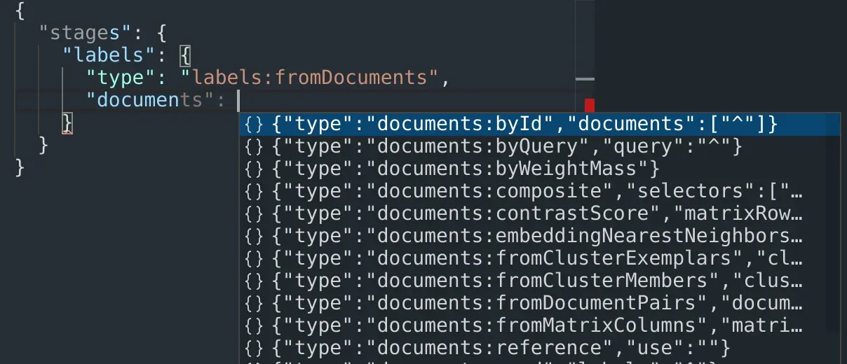 JSON request editor stage-level autocomplete (light theme).
