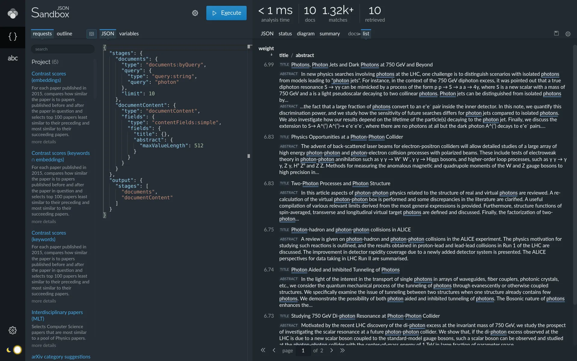 Lingo4G JSON sandbox app, document content (dark theme).