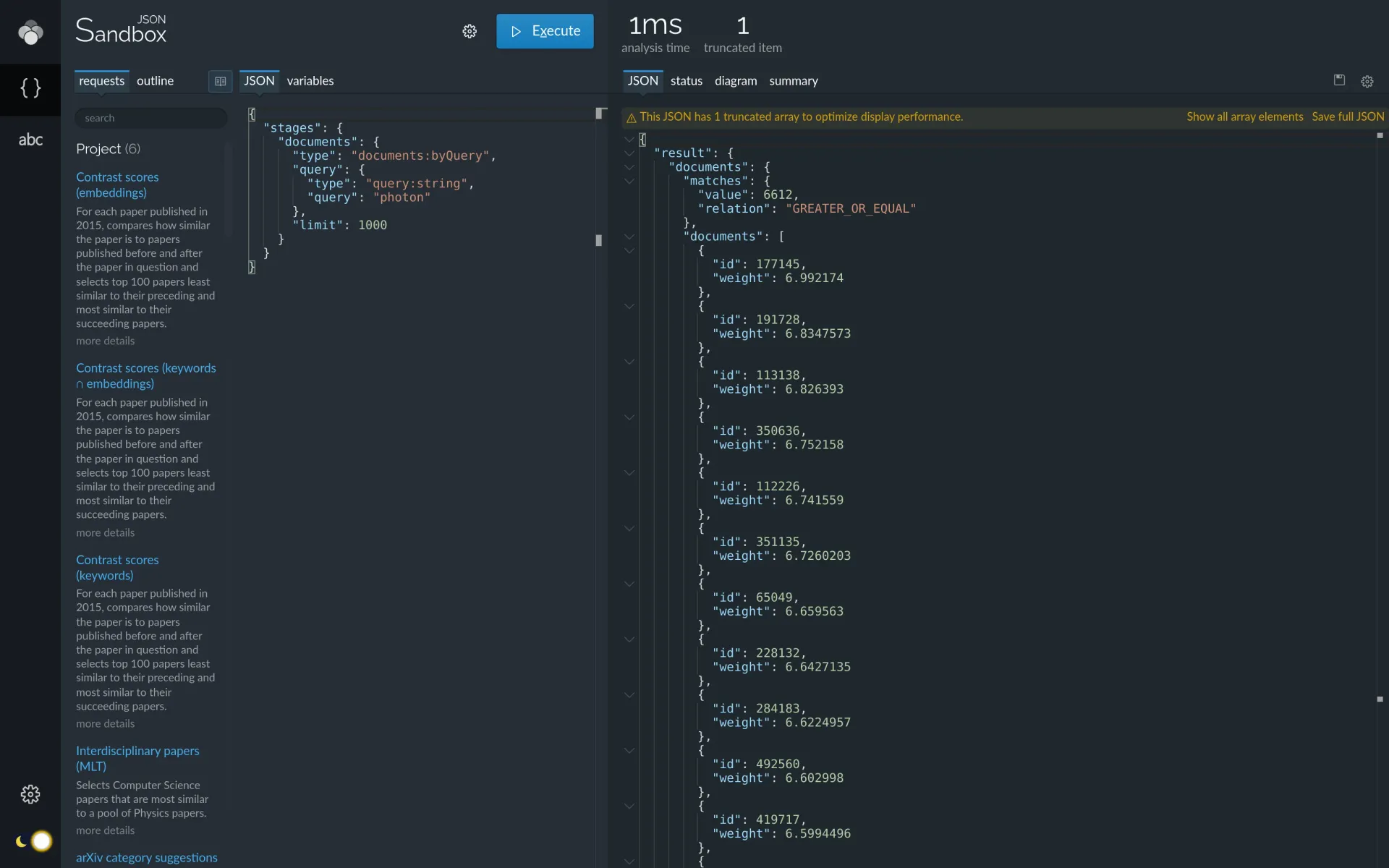 Lingo4G JSON sandbox app, documents by query request results (dark theme).