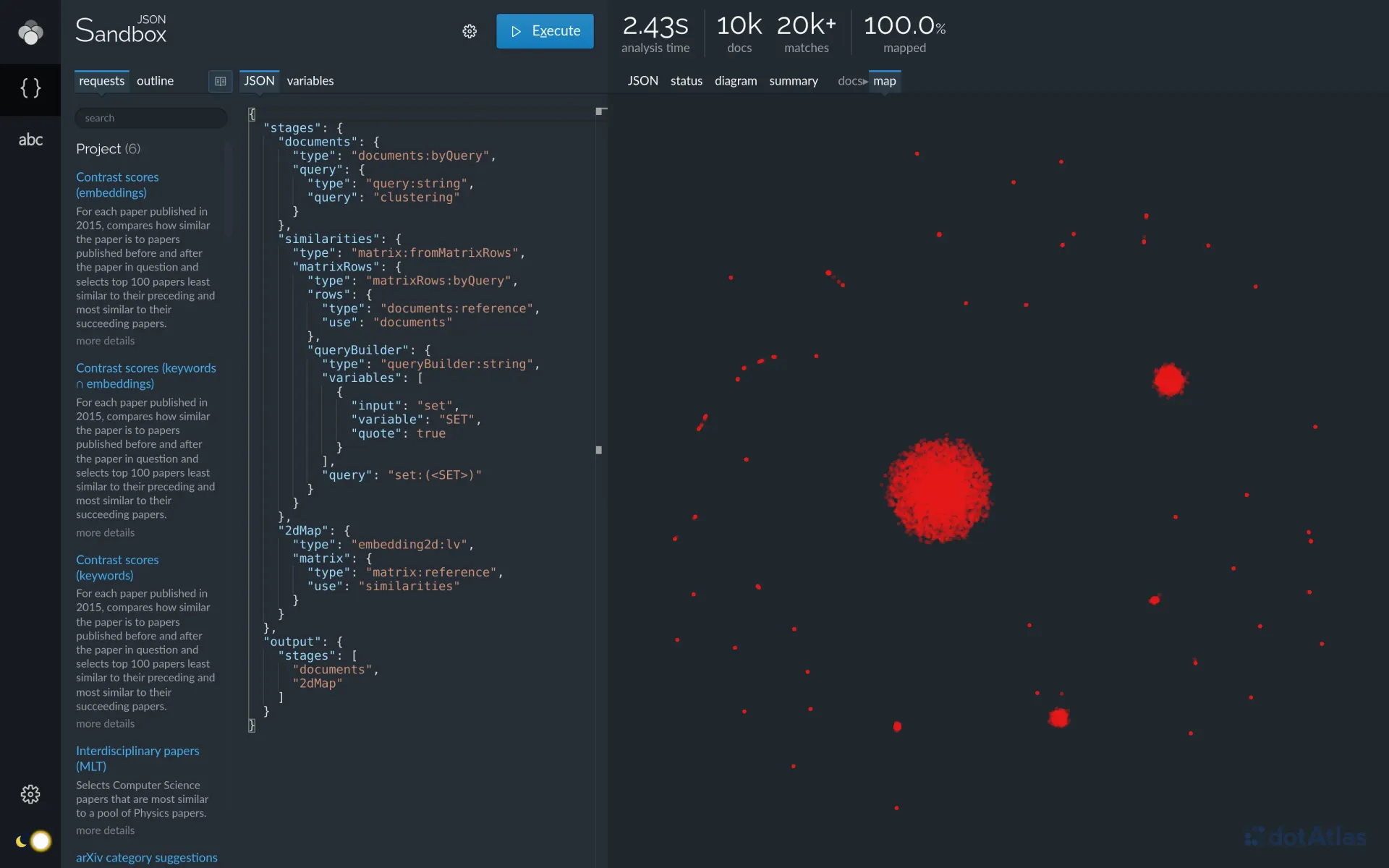 Lingo4G JSON sandbox app, 2d map of documents based on content field similarity (dark theme).