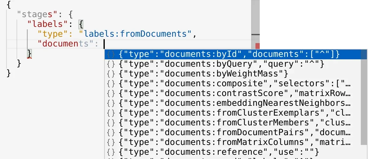 JSON request editor stage-level autocomplete (light theme).