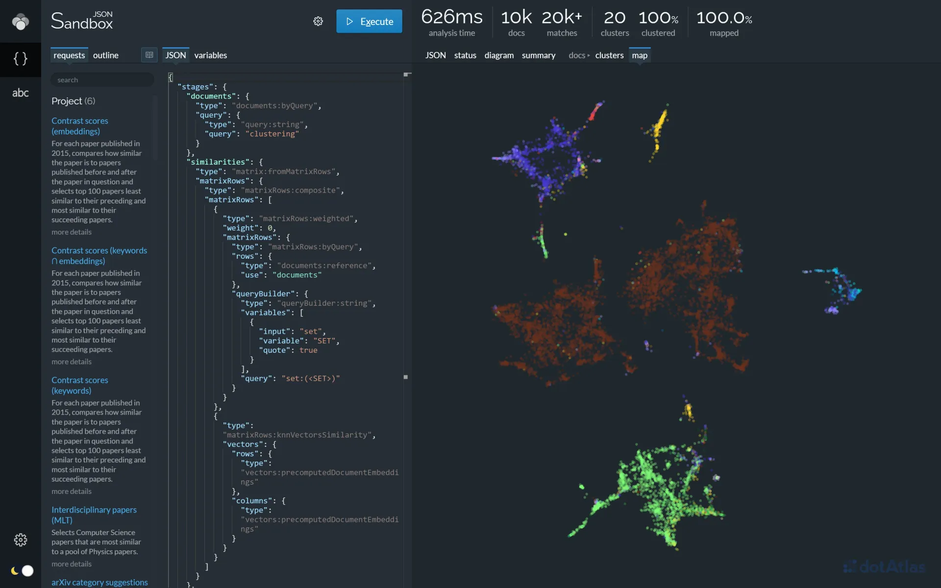 Lingo4G JSON sandbox app, 2d map of documents based on embedding similarity (dark theme).