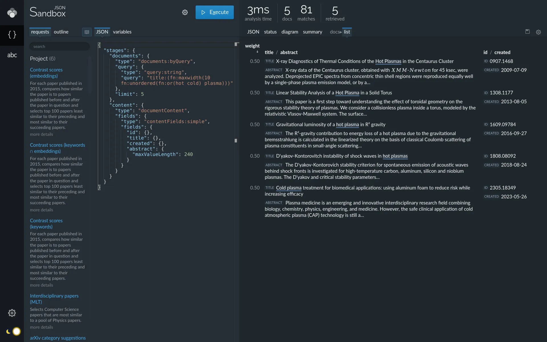 Document list after a more advanced search using interval functions (dark theme).