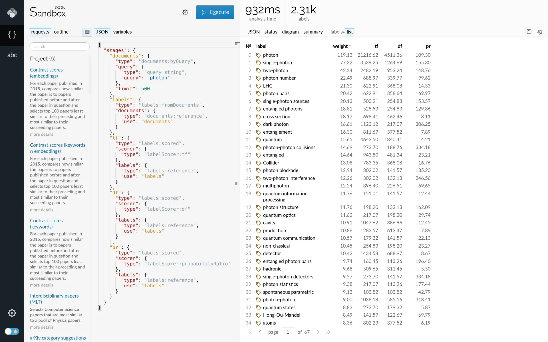 Lingo4G JSON sandbox app, labels from documents with additional statistics (light theme).