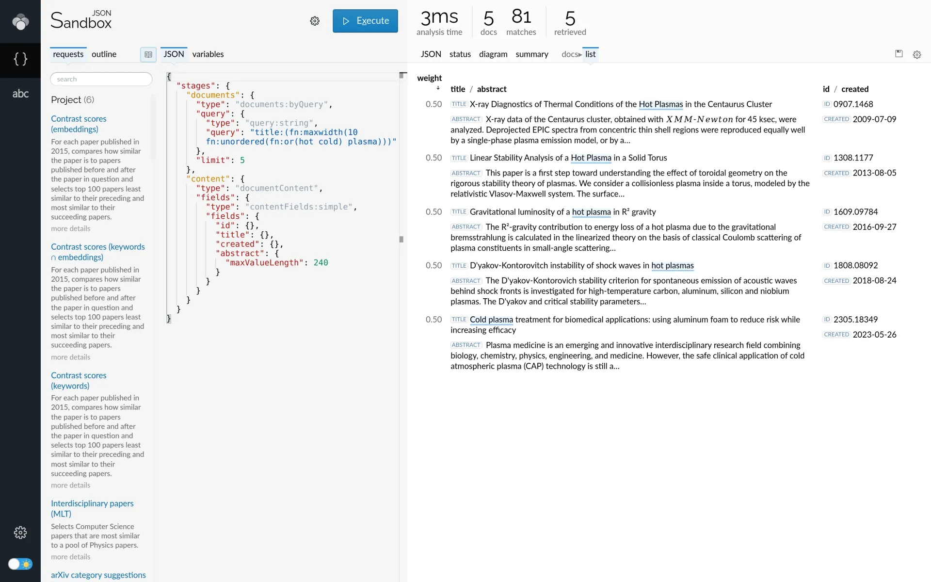 Document list after a more advanced search using interval functions (light theme).