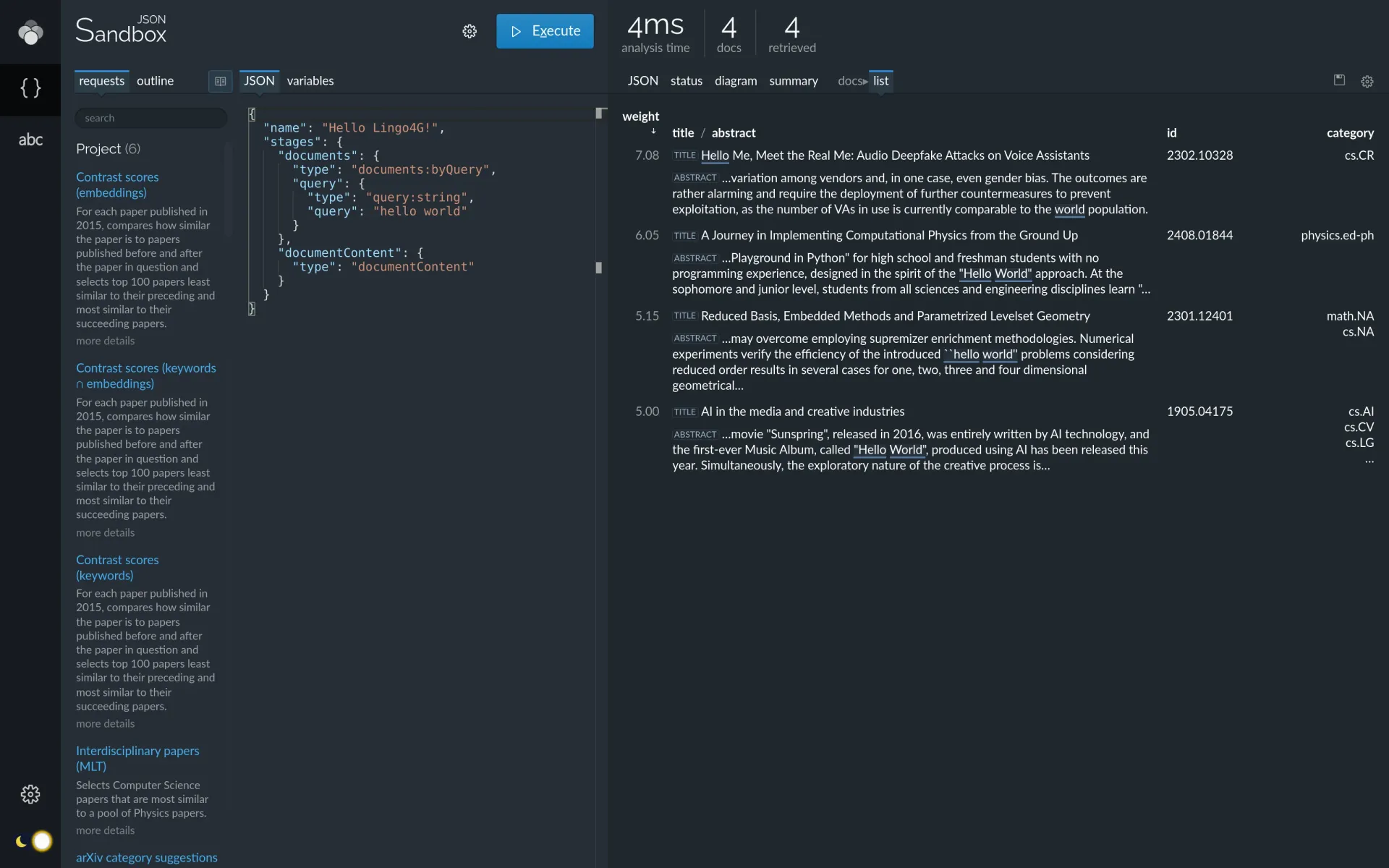 'Hello world!' example request (dark theme).