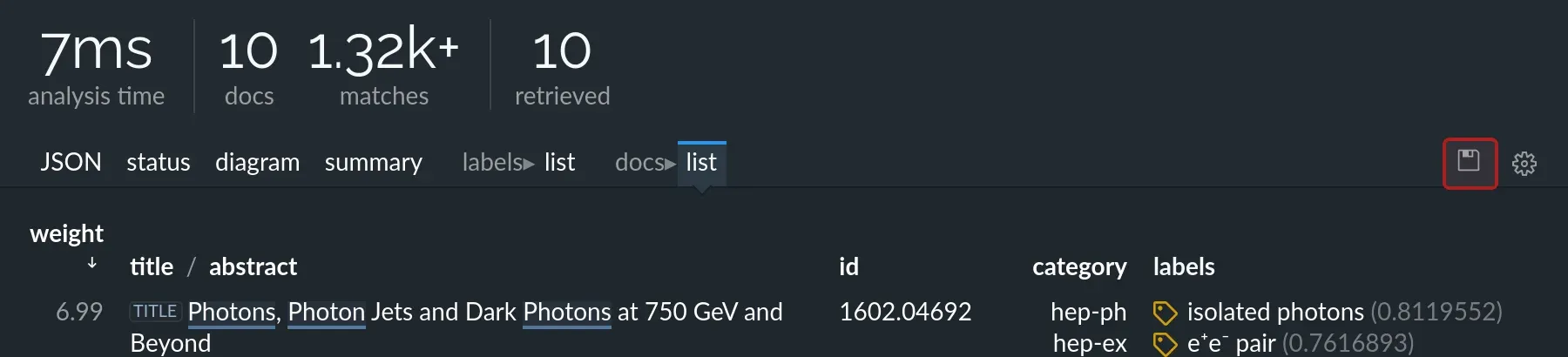 Excel export of a document list (dark theme).