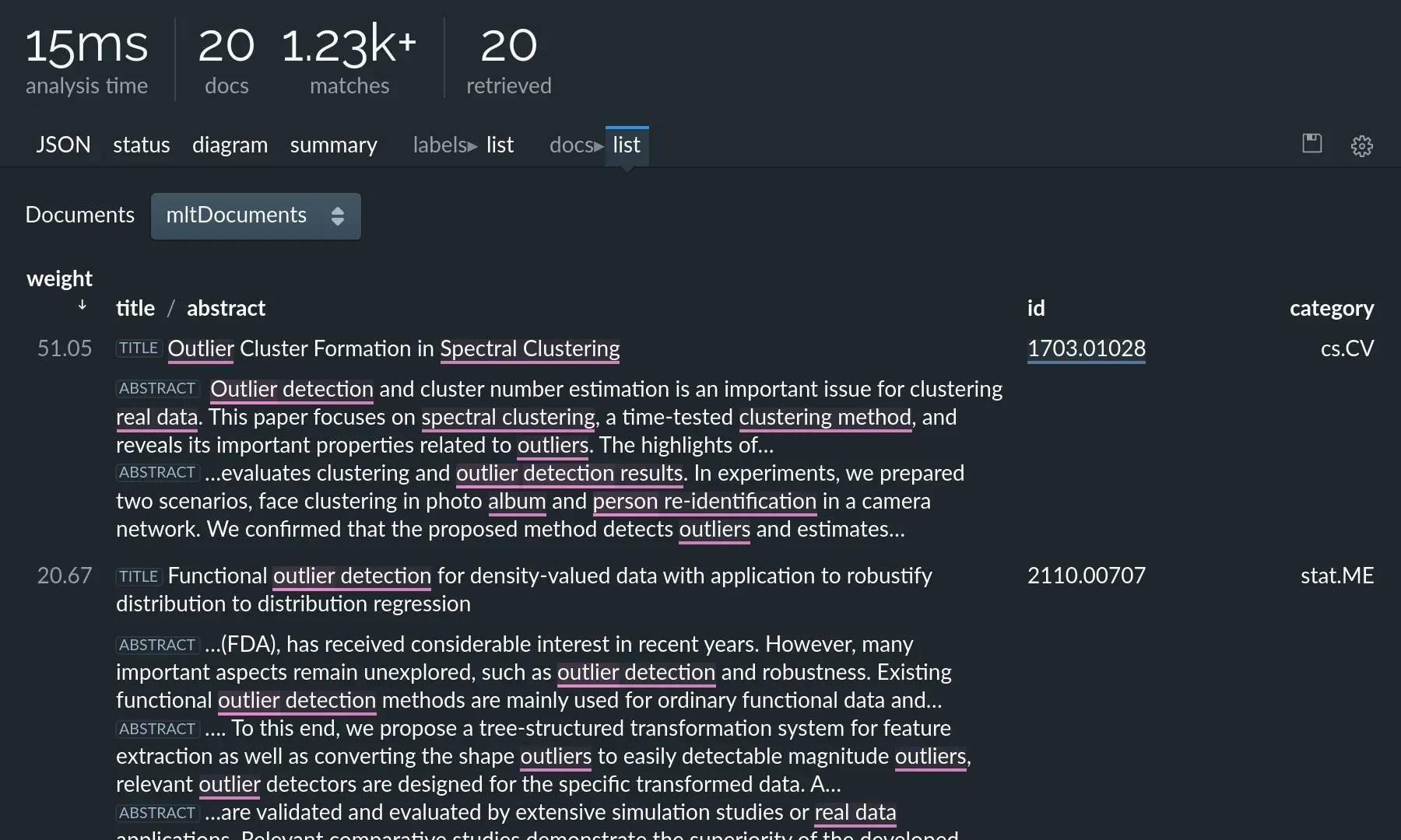Lingo4G JSON sandbox app: stage-specific views (dark theme).