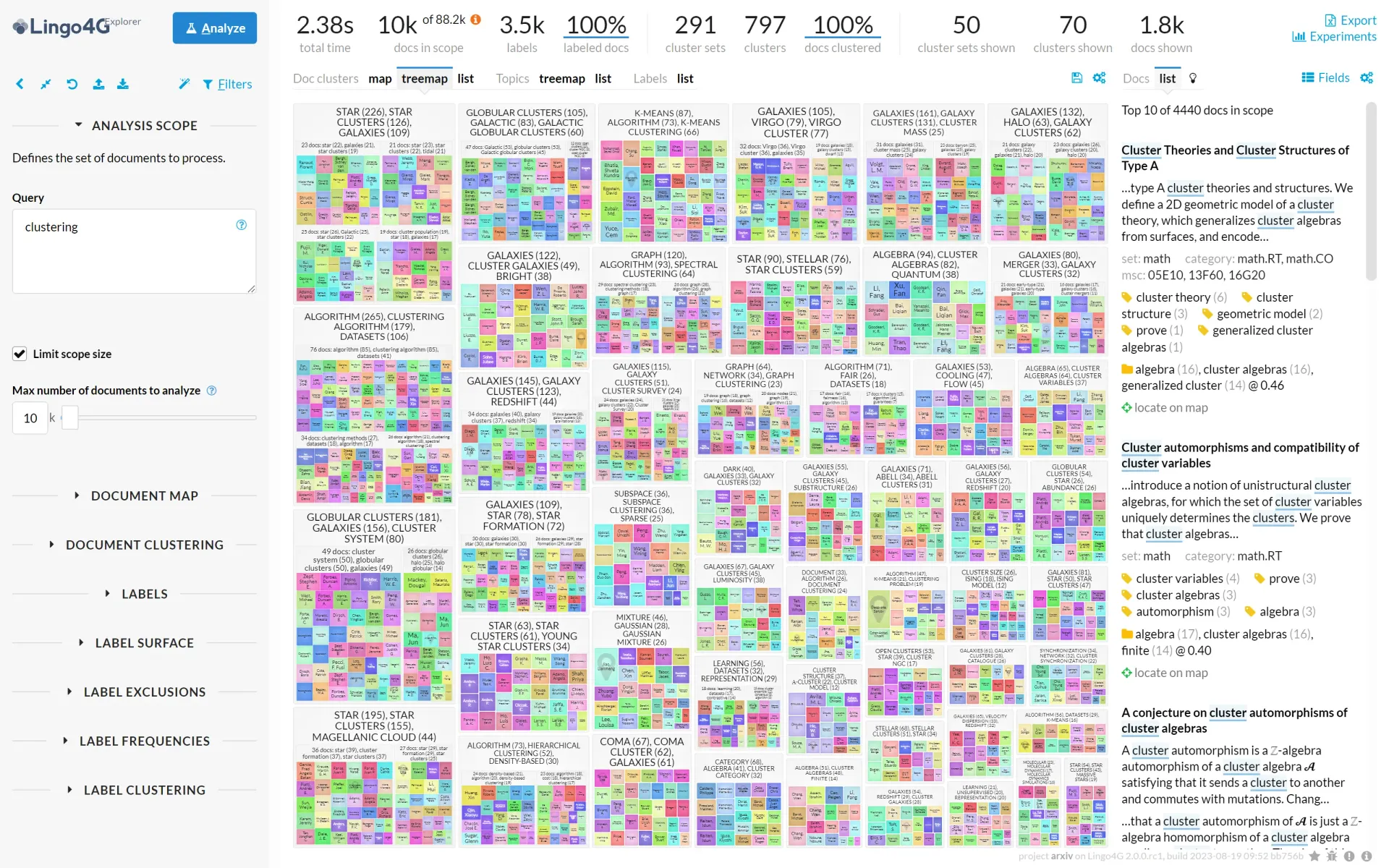 Treemap of clusters of documents matching the 'clustering' query.