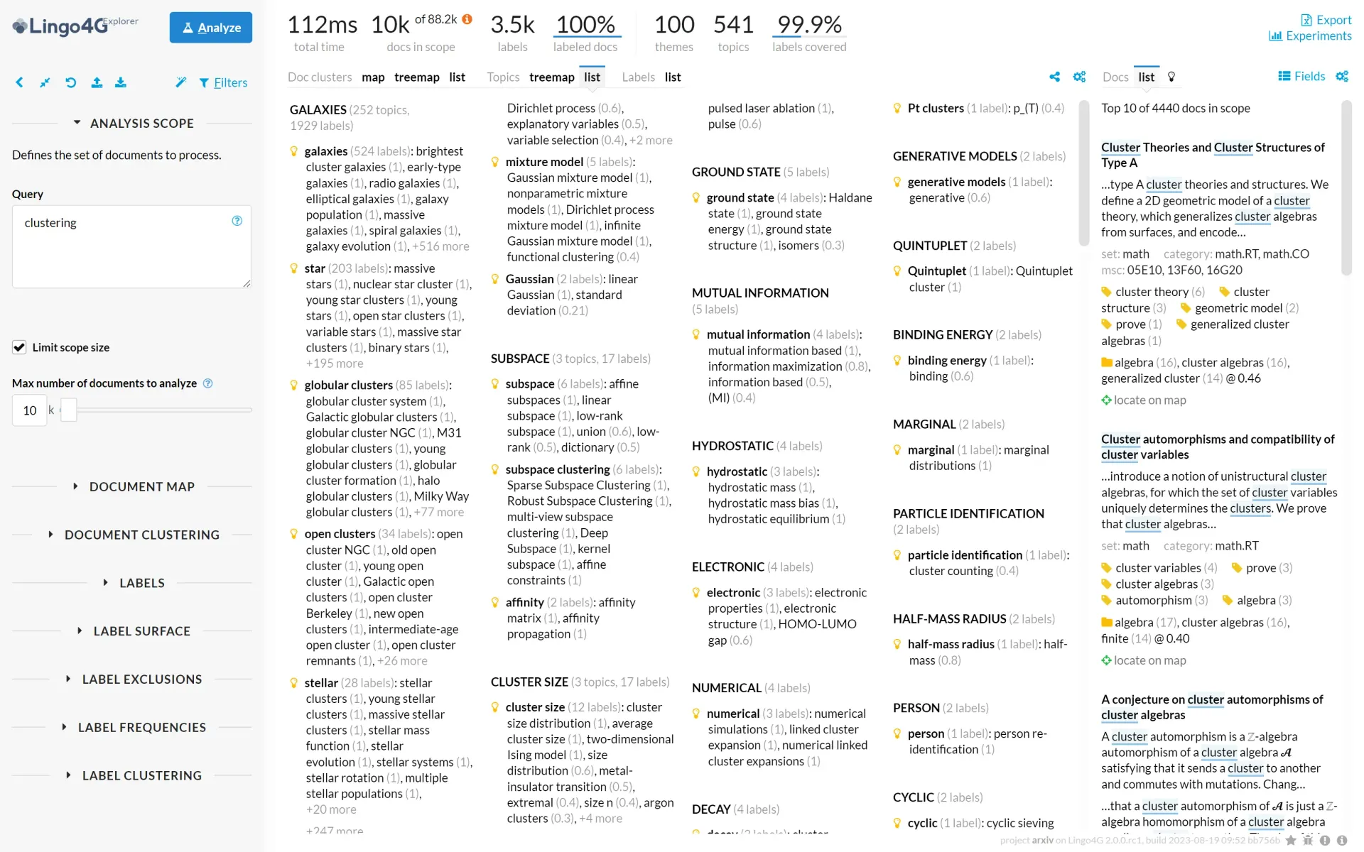 List of topics Lingo4G collected from documents matching the 'clustering' query.