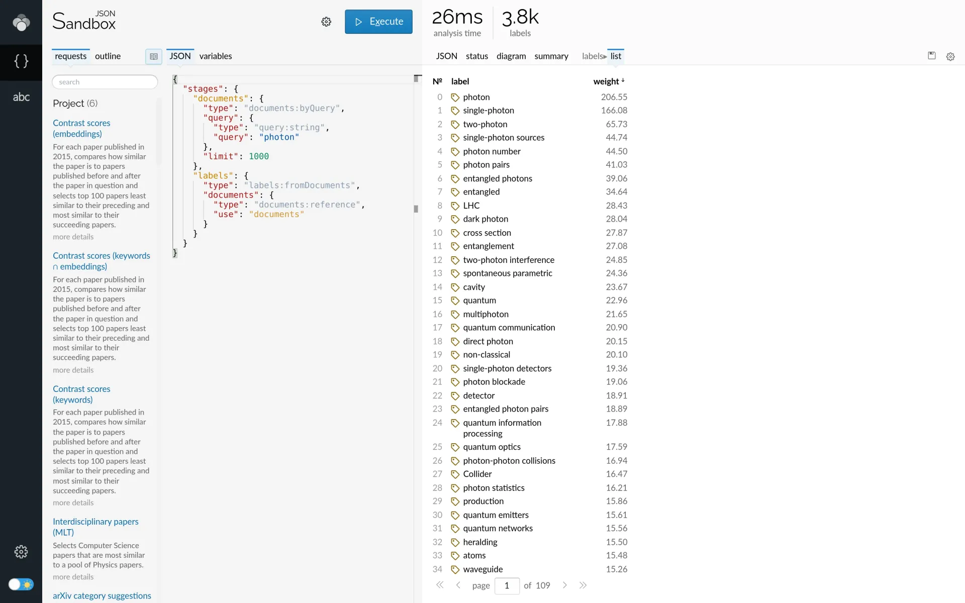 Lingo4G JSON sandbox app, labels from documents (light theme).