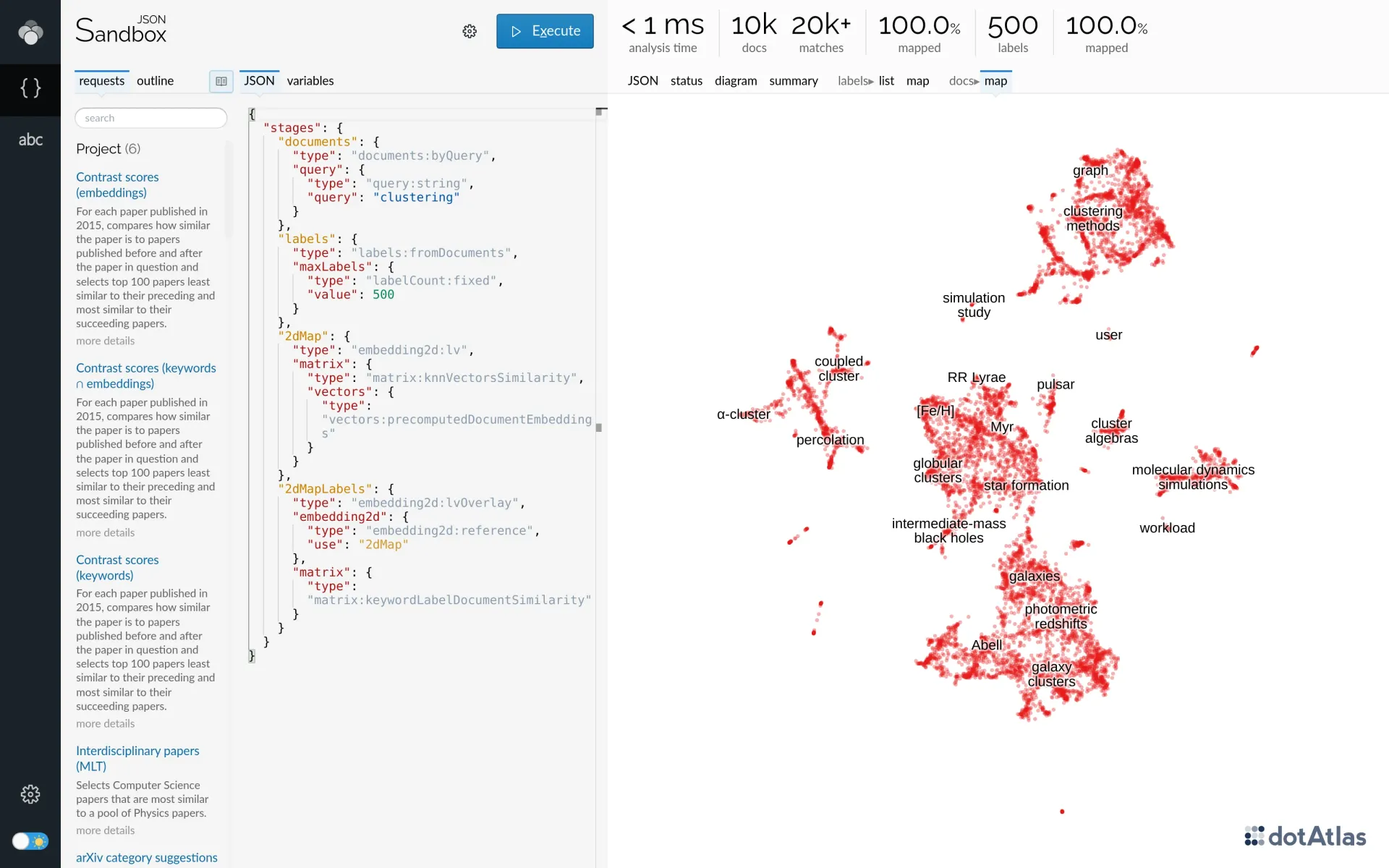 Lingo4G JSON sandbox app, 2d of documents with a labels overlay (light theme).