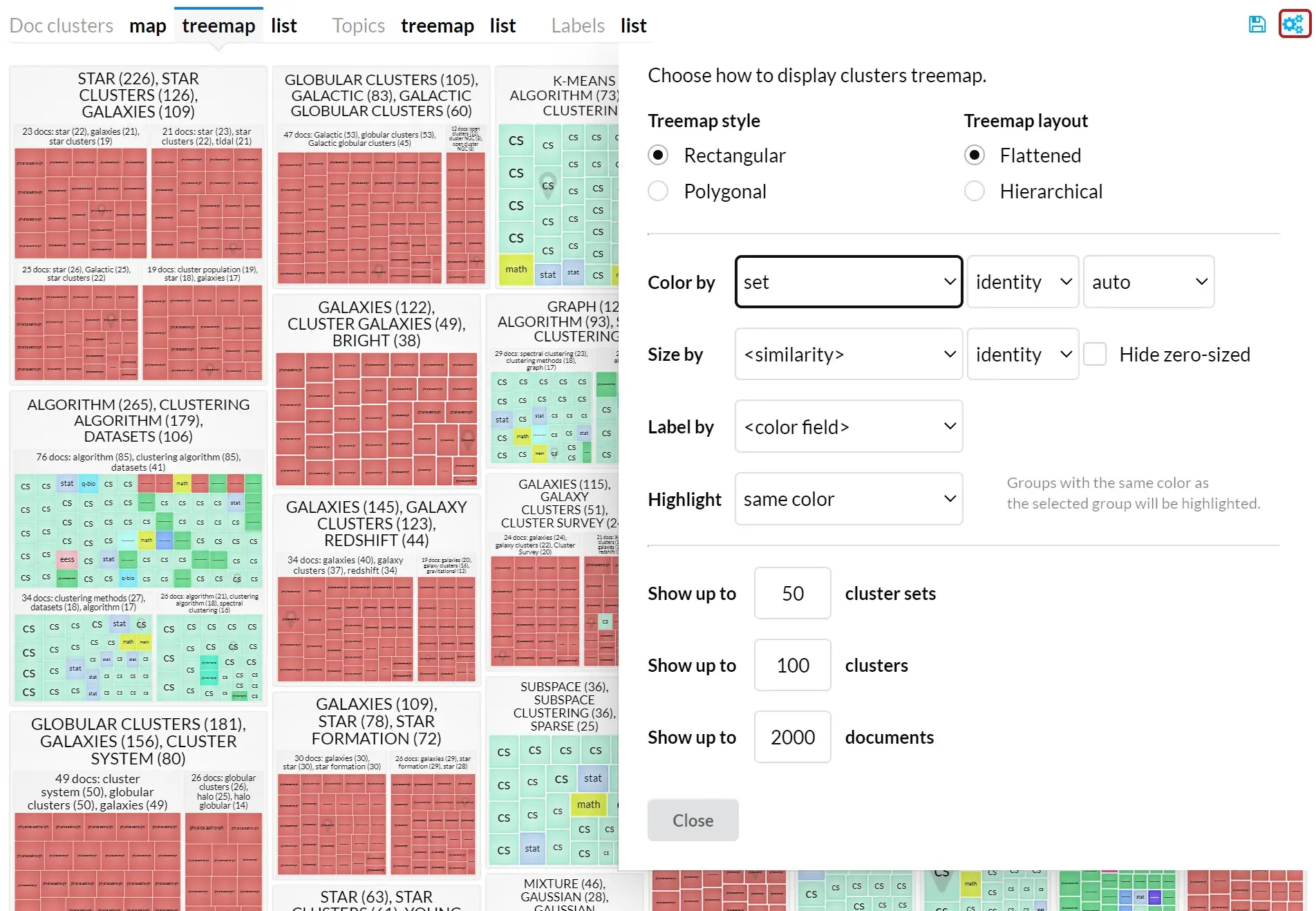 Settings of the document clusters treemap view.