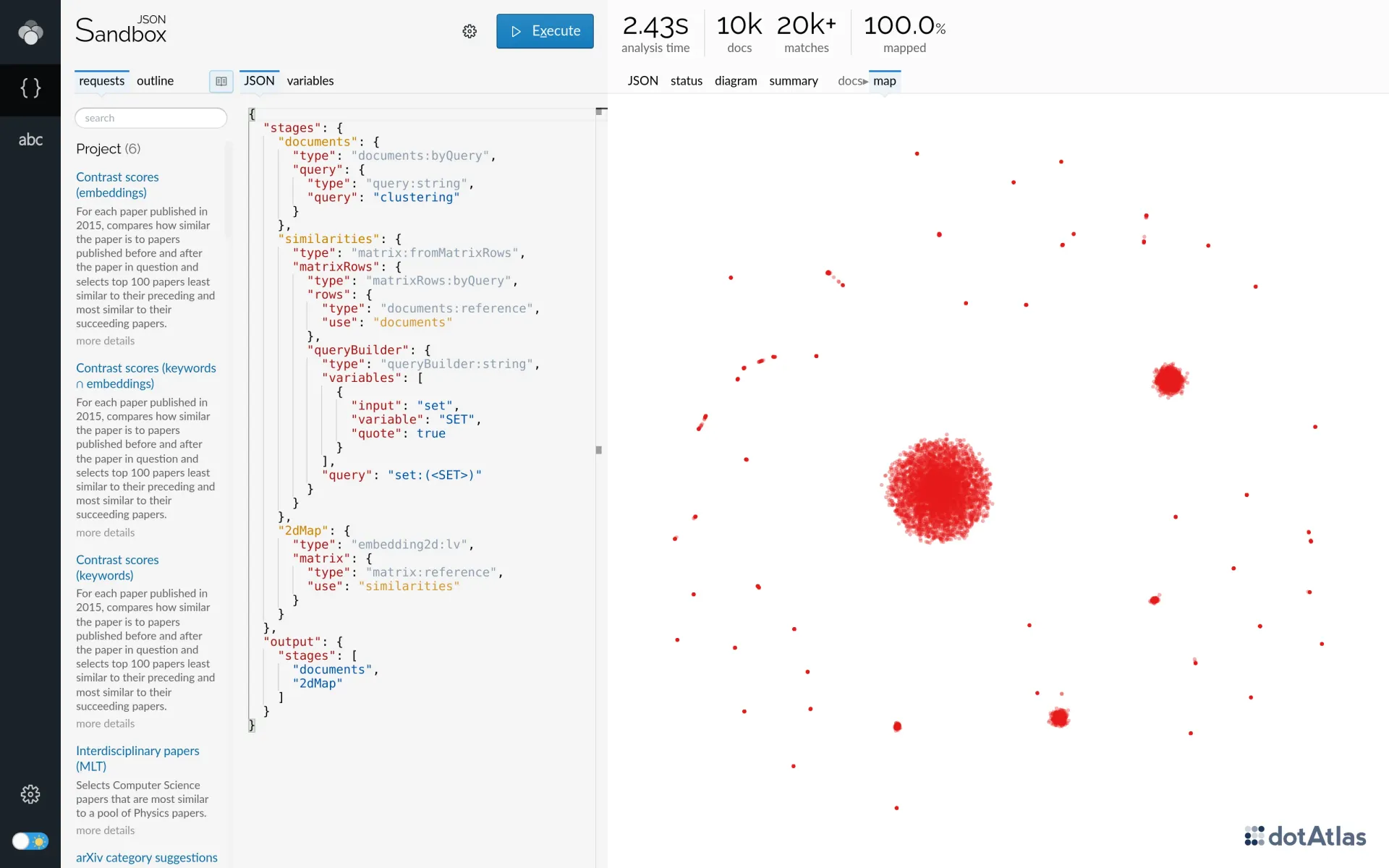 Lingo4G JSON sandbox app, 2d map of documents based on content field similarity (light theme).