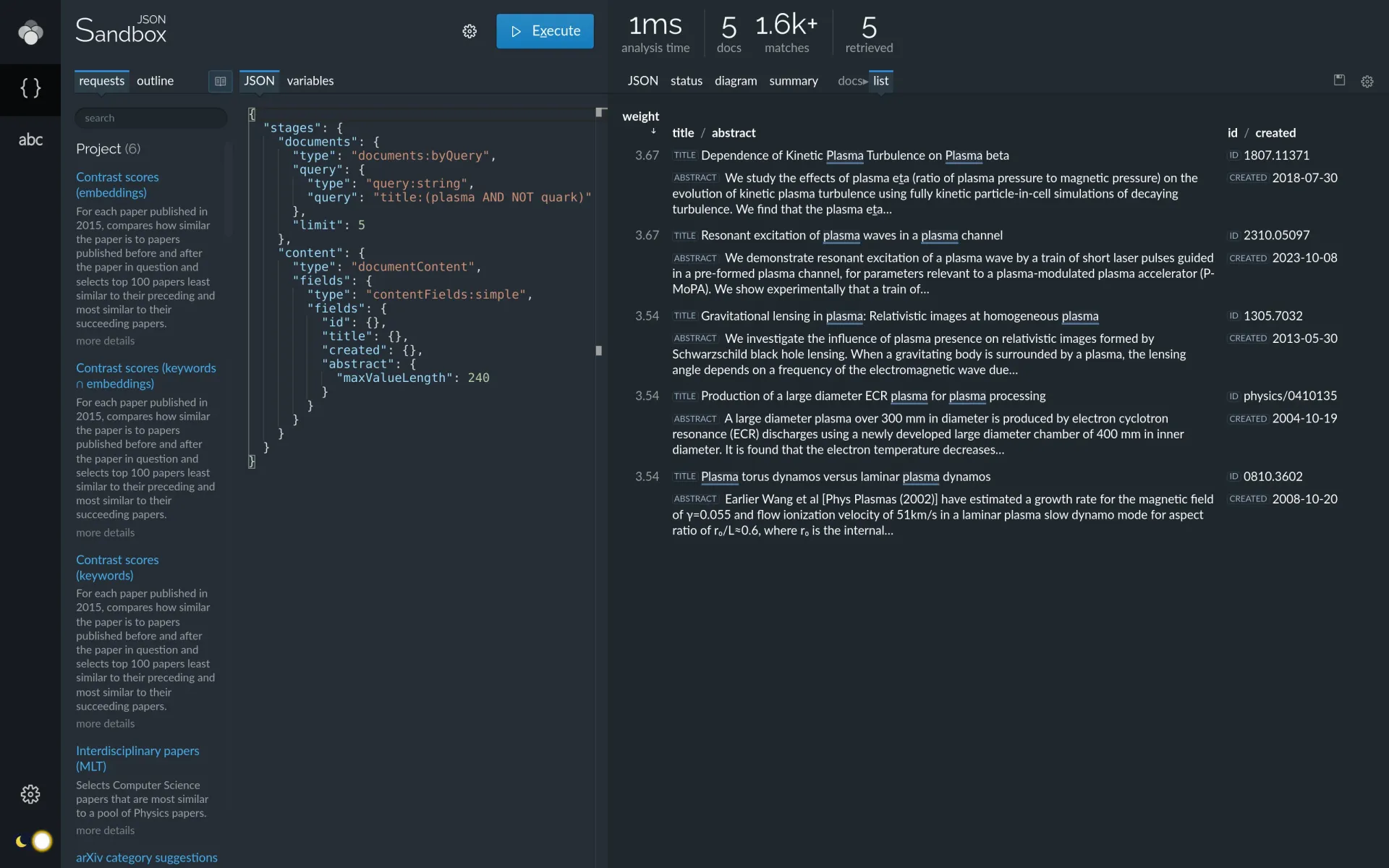 Document list after a keyword query search (dark theme).