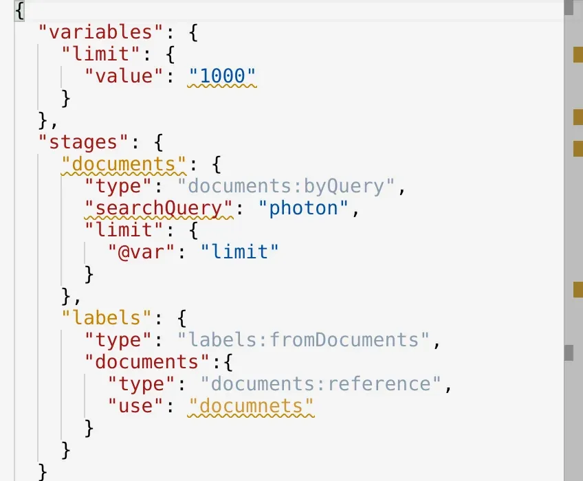 JSON request editor validation error highlights (light theme).