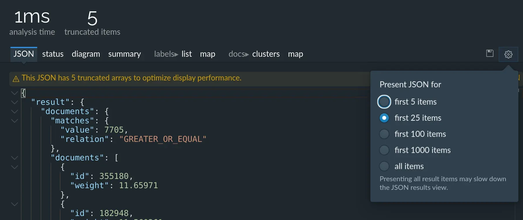 Lingo4G JSON sandbox app: JSON results tab (dark theme).