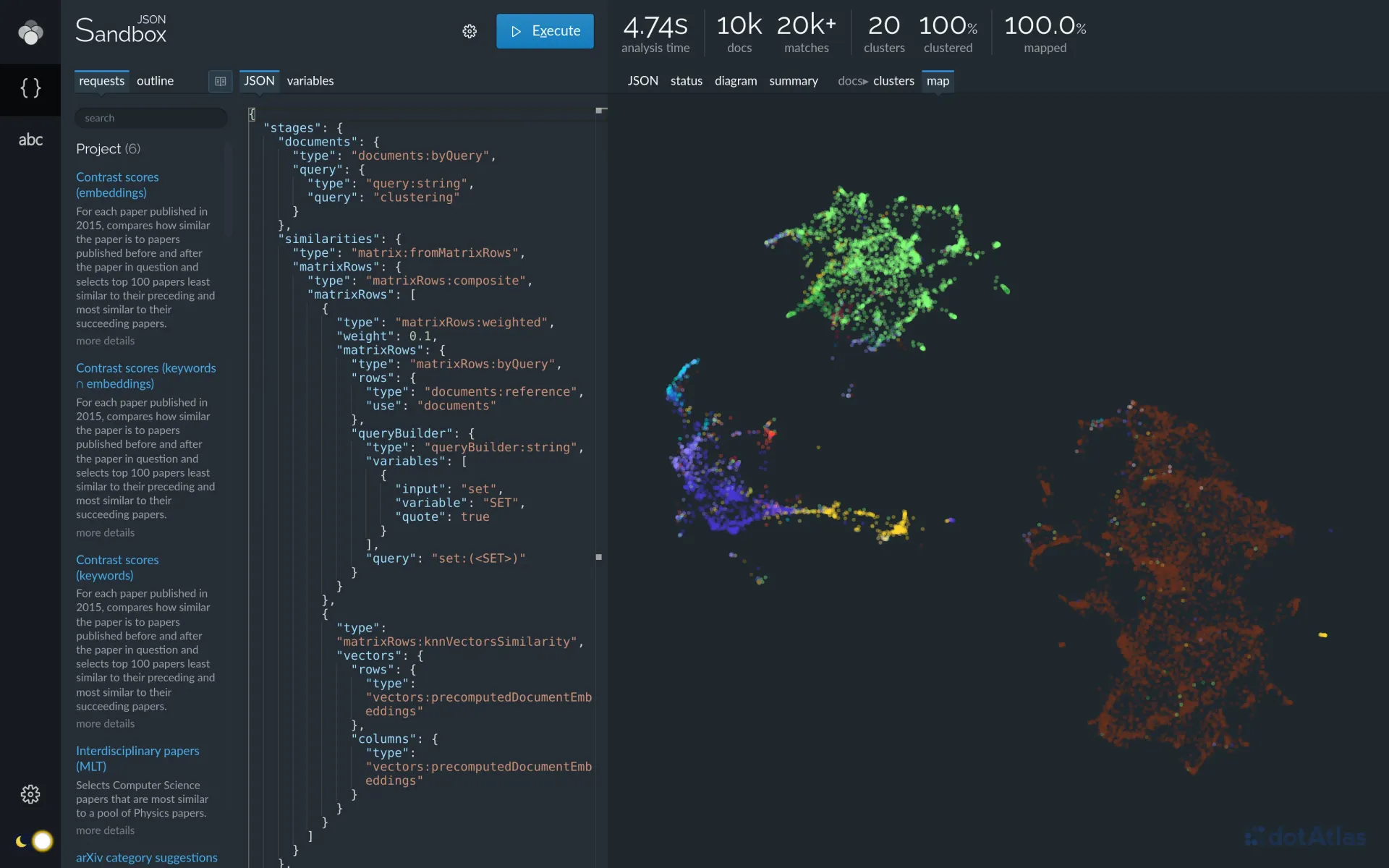 Lingo4G JSON sandbox app, 2d map of documents based on composite field similarity (dark theme).