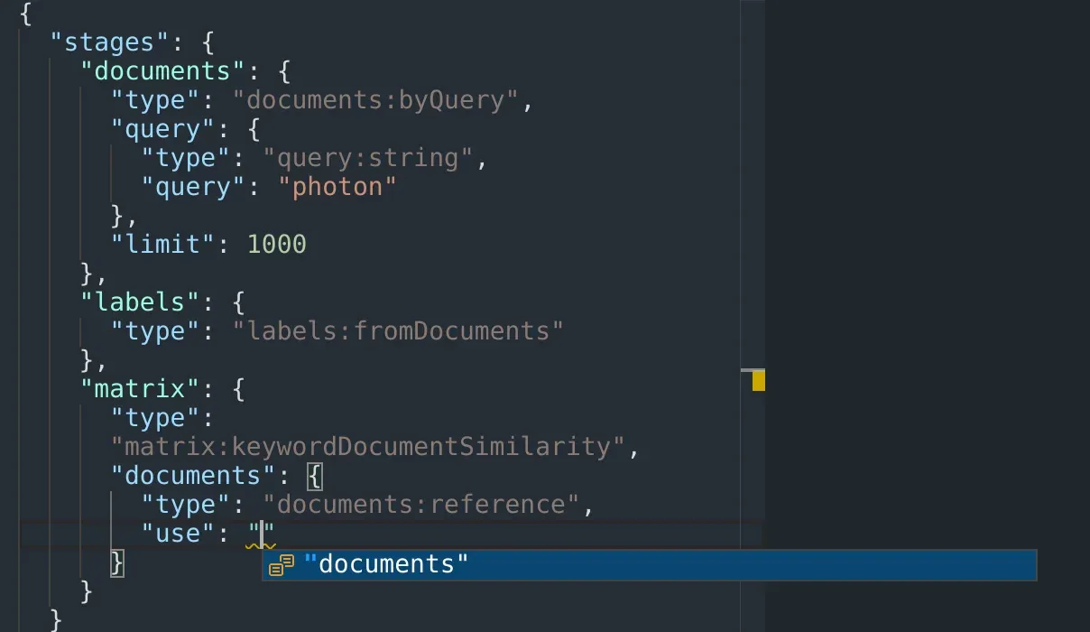 JSON request editor stage name suggestions (light theme).