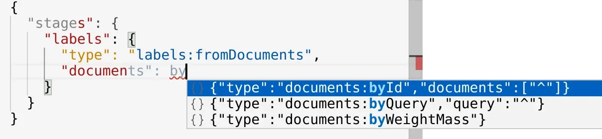 JSON request editor filtered stage-level autocomplete (light theme).
