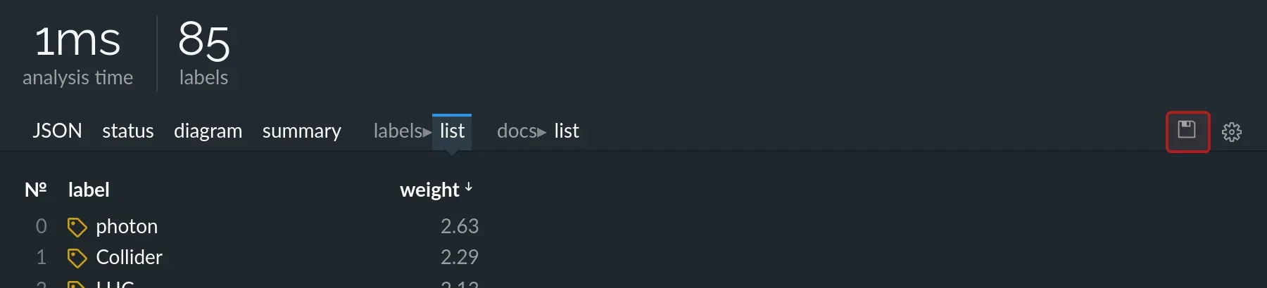 Excel export of a label list (dark theme).