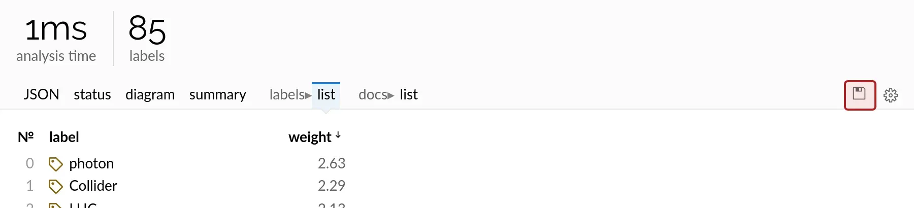 Excel export of a label list (light theme).