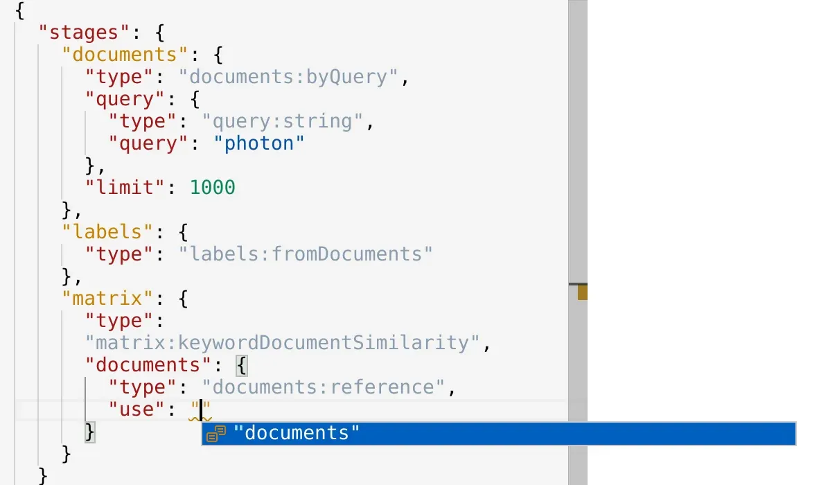 JSON request editor stage name suggestions (light theme).