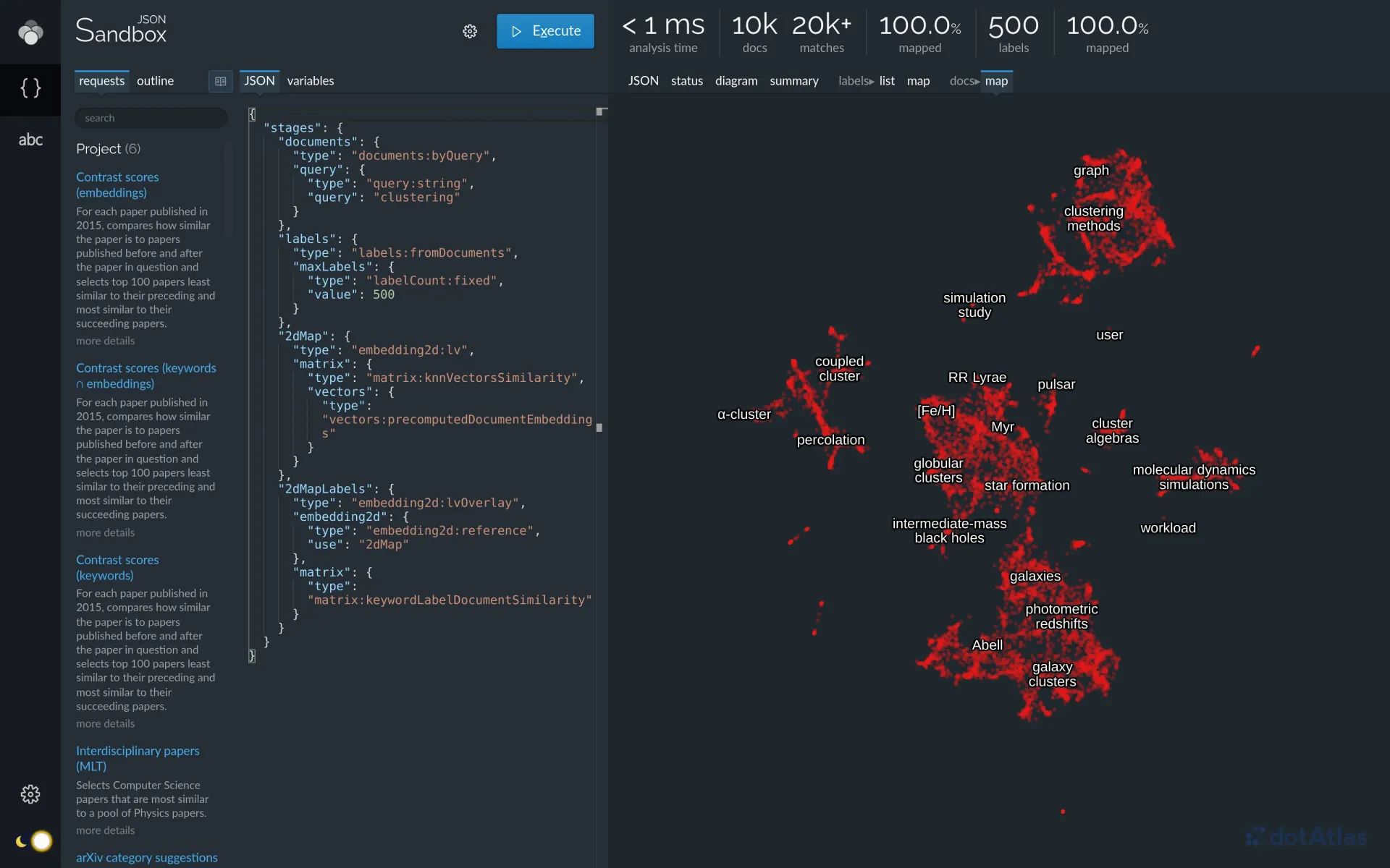 Lingo4G JSON sandbox app, 2d of documents with a labels overlay (dark theme).