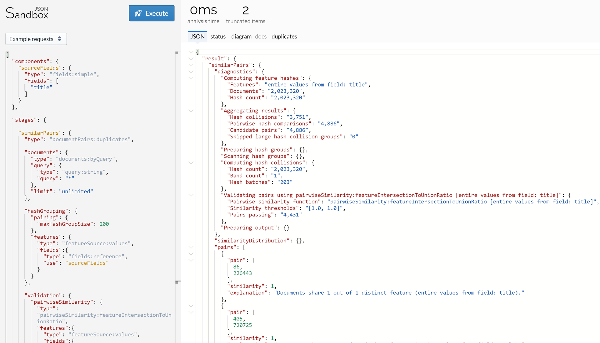Lingo4G JSON sandbox app, arxiv documents with exactly the same titles (light theme).
