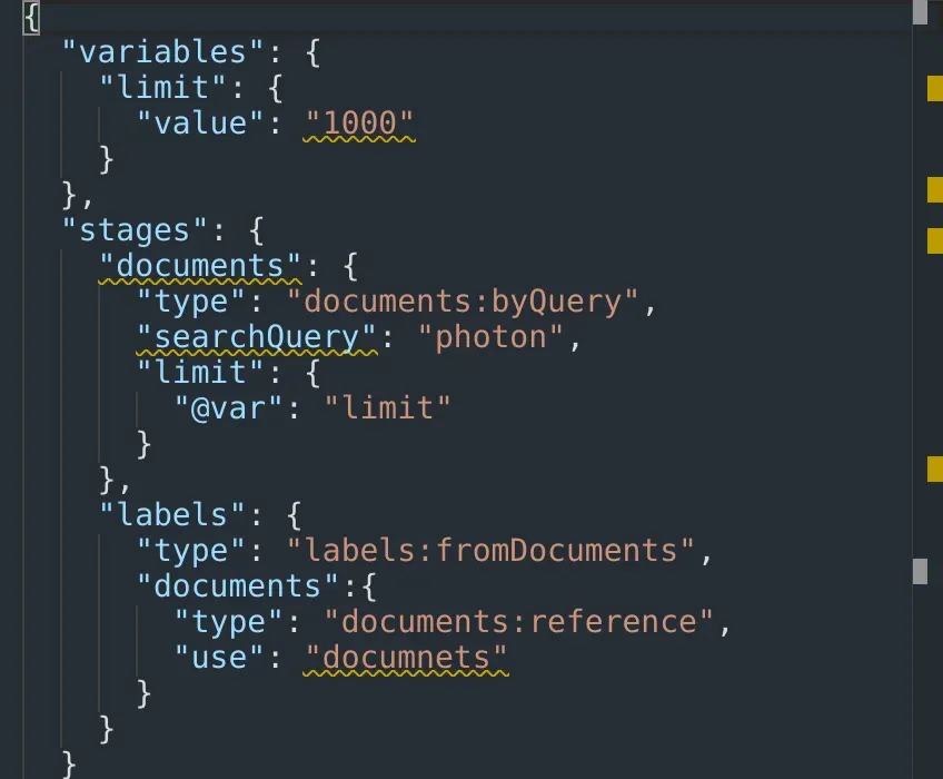JSON request editor validation error highlights (dark theme).