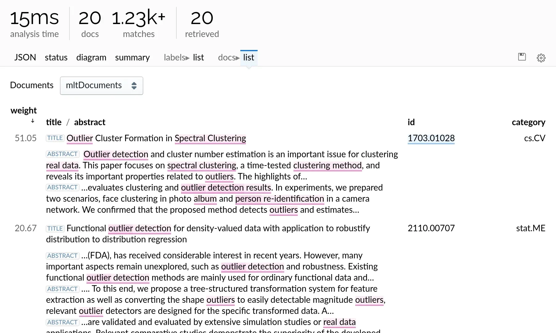 Lingo4G JSON sandbox app: stage-specific views (light theme).