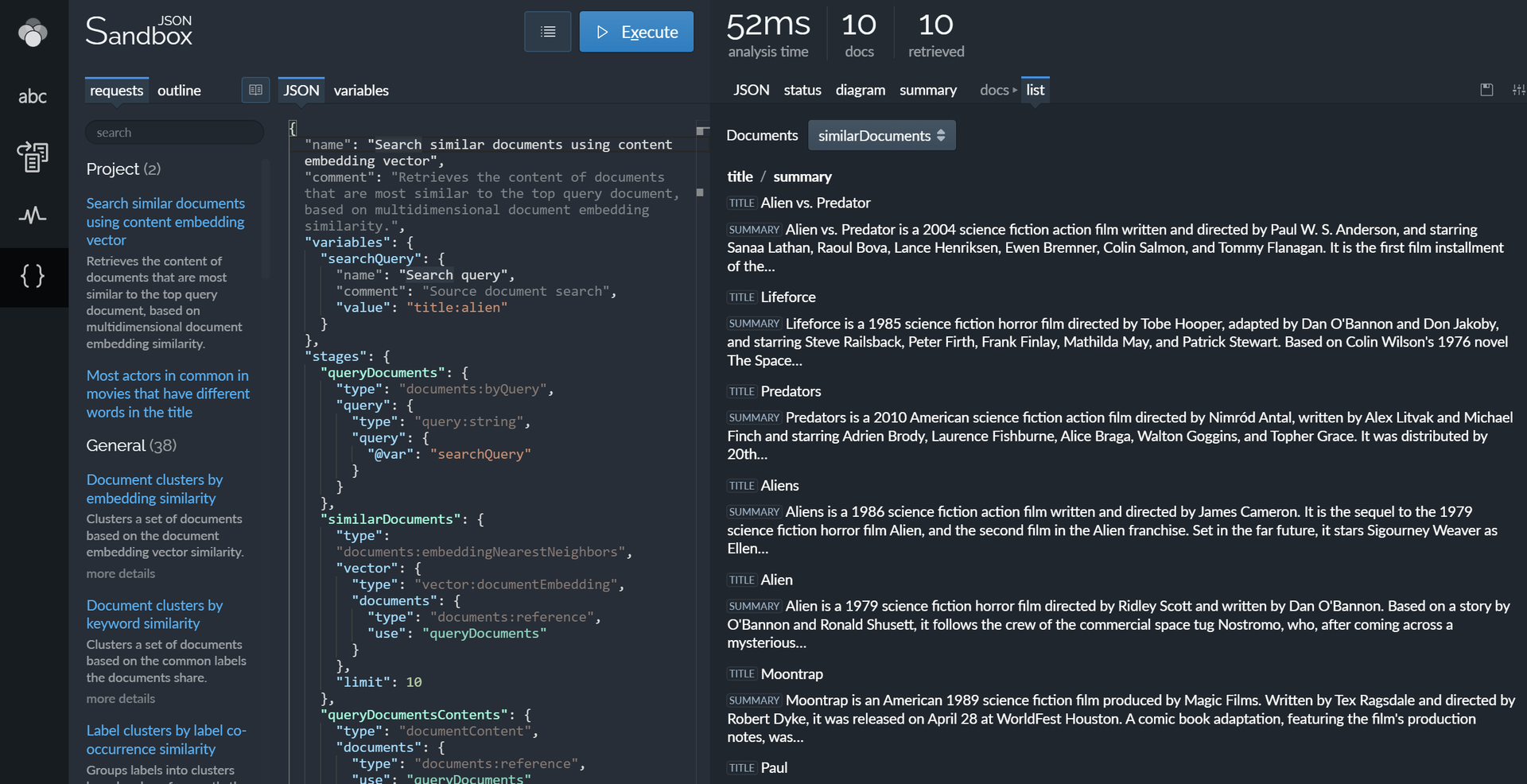 Lingo4G JSON sandbox app showing movies similar to 'Alien'.