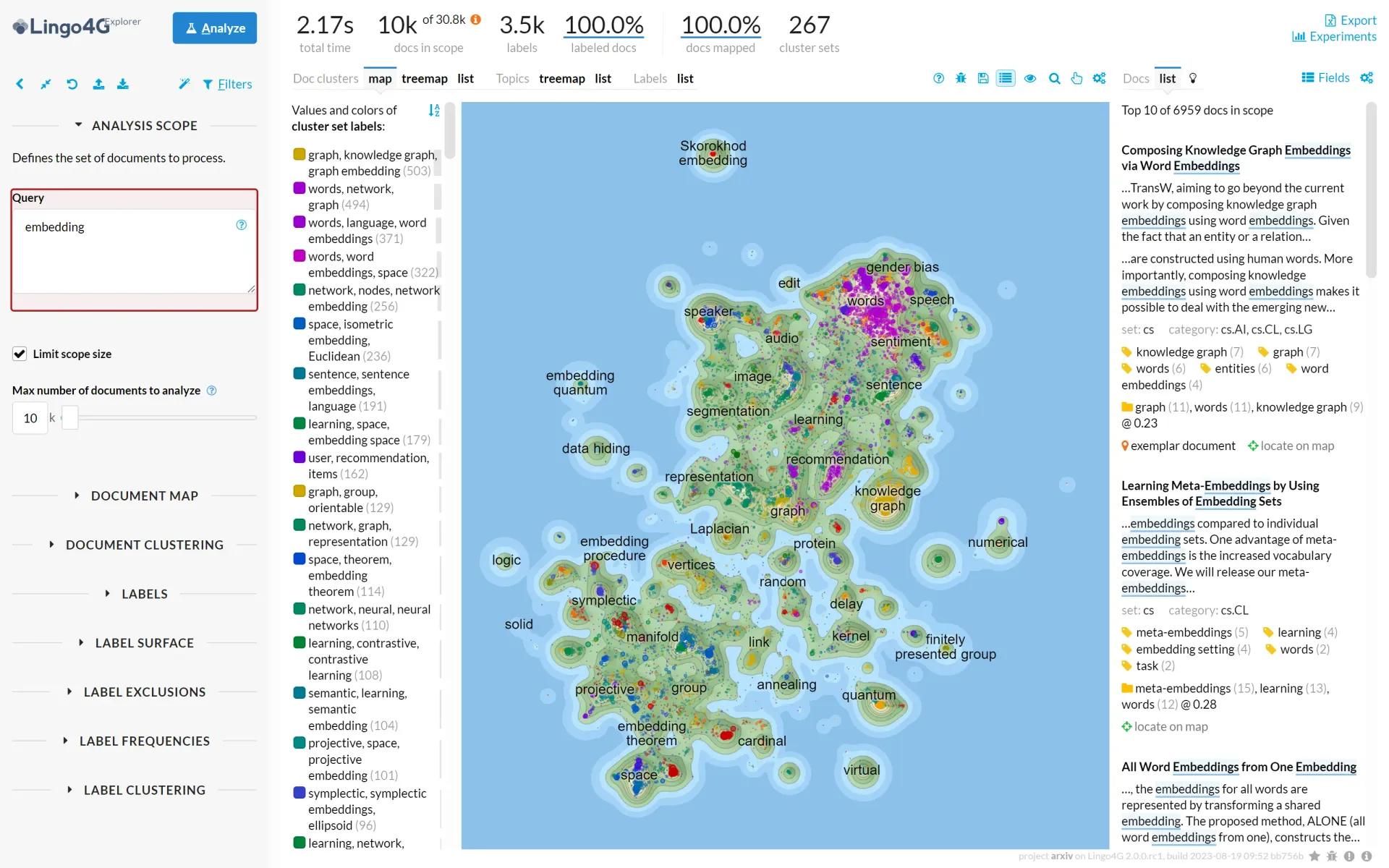 2d map of documents containing the word 'embedding'.