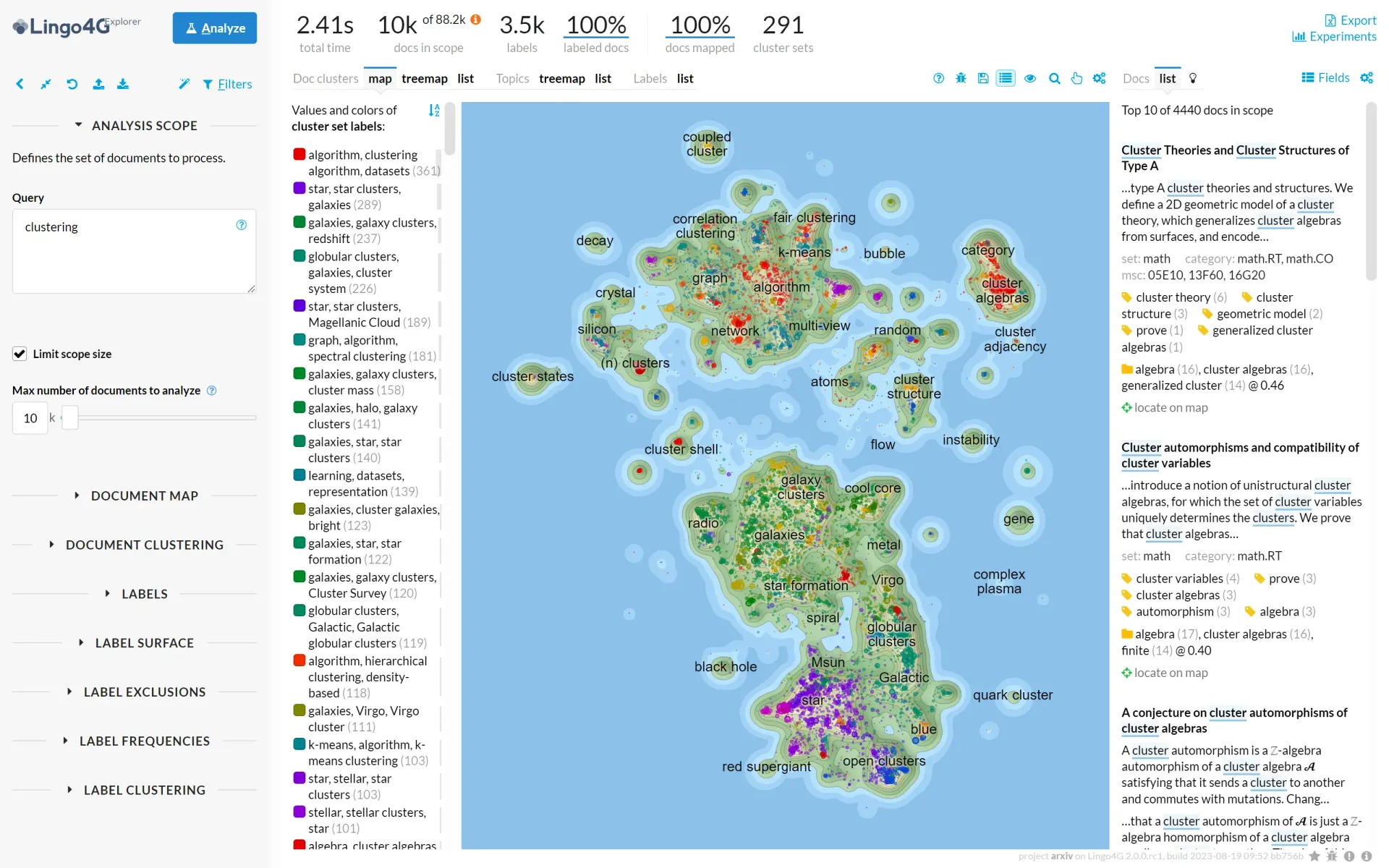 A 2d map of documents matching the 'clustering' query.